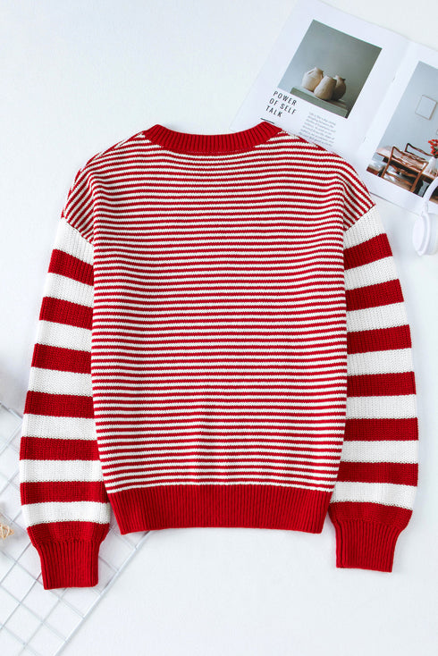 Textured Mixed Stitch Striped Crew Neck Sweater