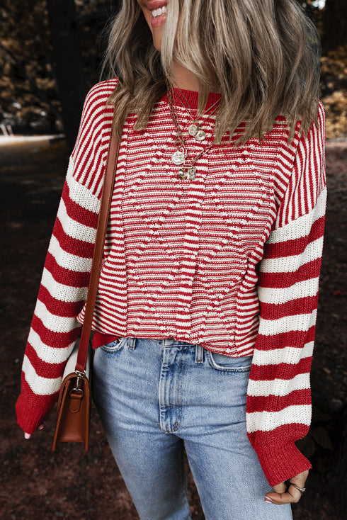 Textured Mixed Stitch Striped Crew Neck Sweater
