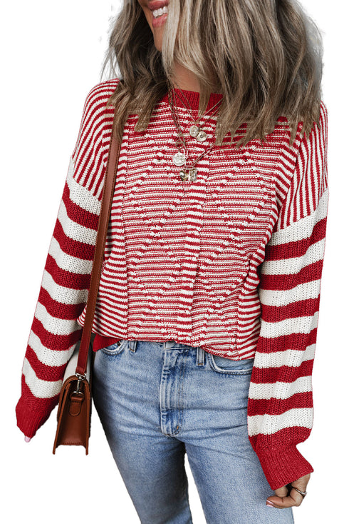 Textured Mixed Stitch Striped Crew Neck Sweater