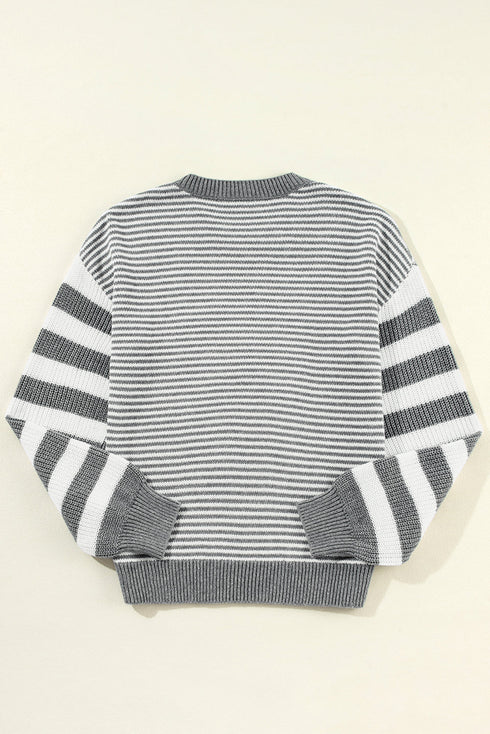Textured Mixed Stitch Striped Crew Neck Sweater