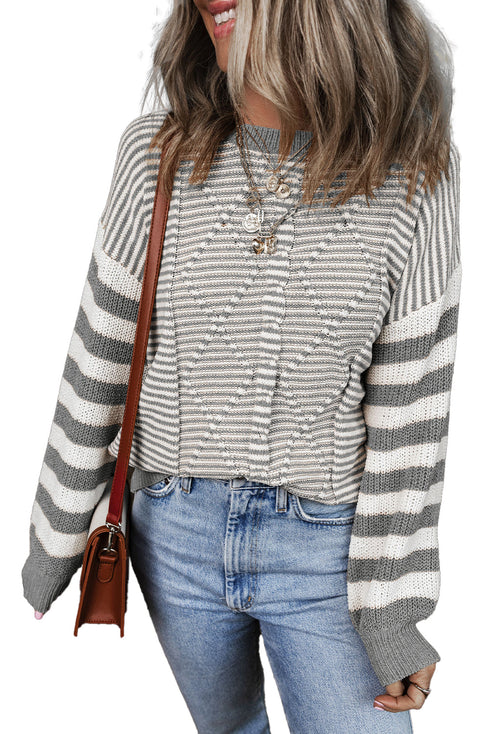 Textured Mixed Stitch Striped Crew Neck Sweater