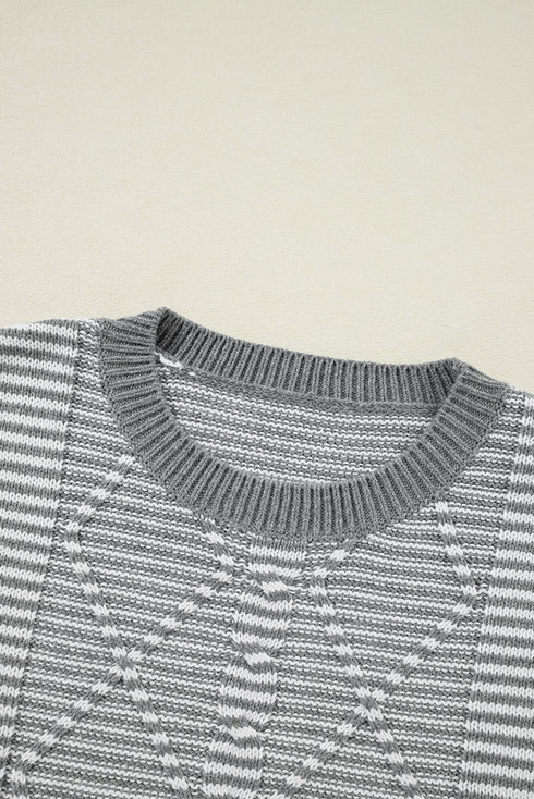 Textured Mixed Stitch Striped Crew Neck Sweater