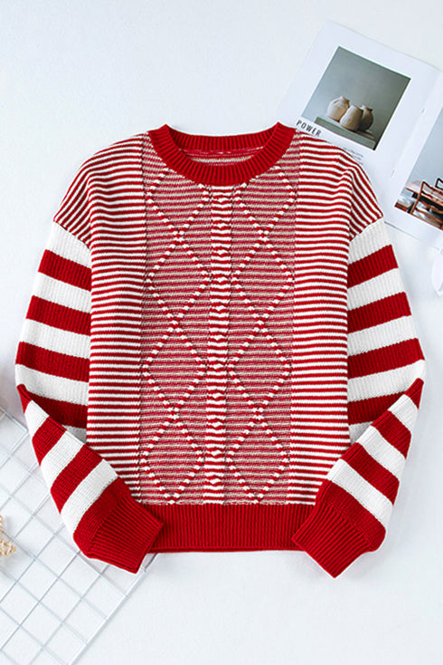 Textured Mixed Stitch Striped Crew Neck Sweater