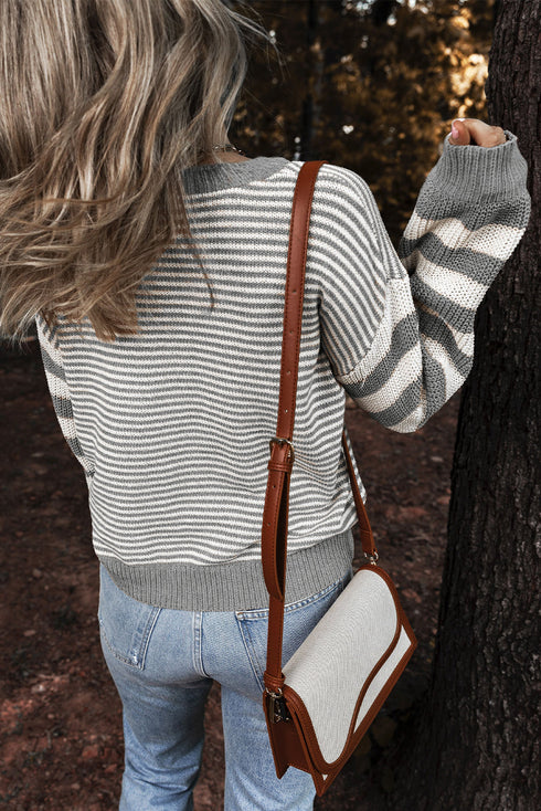 Textured Mixed Stitch Striped Crew Neck Sweater