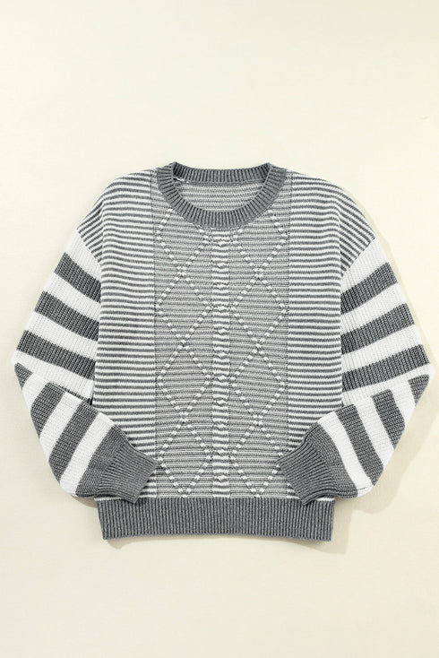 Textured Mixed Stitch Striped Crew Neck Sweater