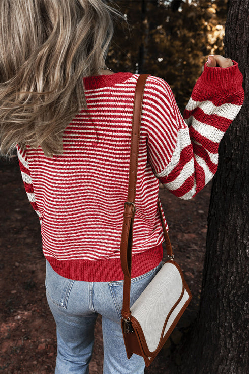 Textured Mixed Stitch Striped Crew Neck Sweater