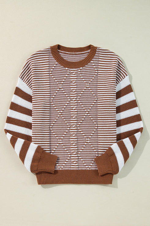 Textured Mixed Stitch Striped Crew Neck Sweater