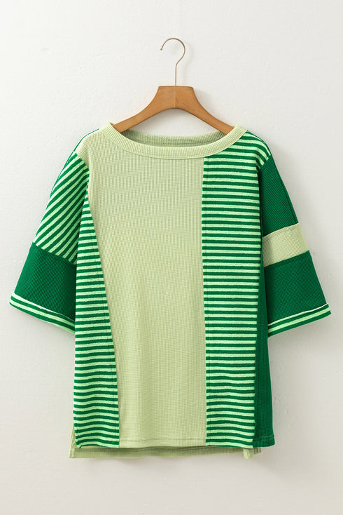 Textured Mixed Stripe And Solid Panel Short Sleeve Top