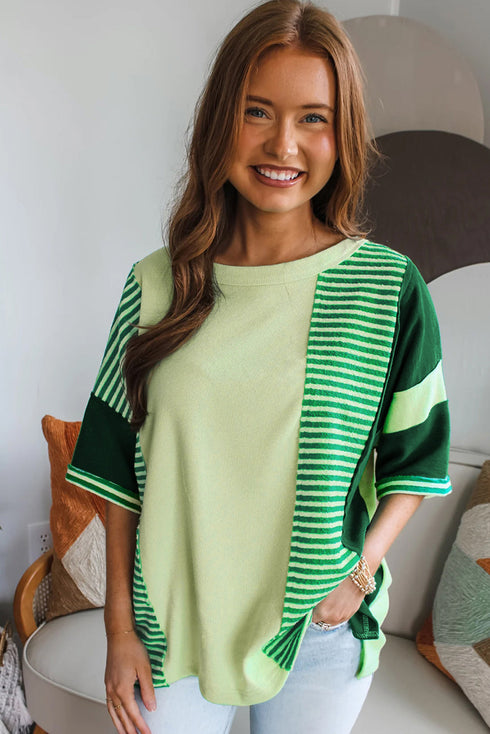 Textured Mixed Stripe And Solid Panel Short Sleeve Top