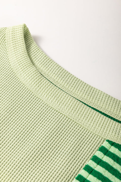 Textured Mixed Stripe And Solid Panel Short Sleeve Top