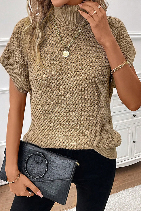 Textured Mock Neck Cap Sleeve Knit Sweater
