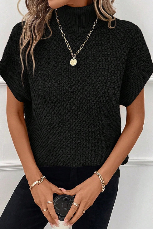 Textured Mock Neck Cap Sleeve Knit Sweater