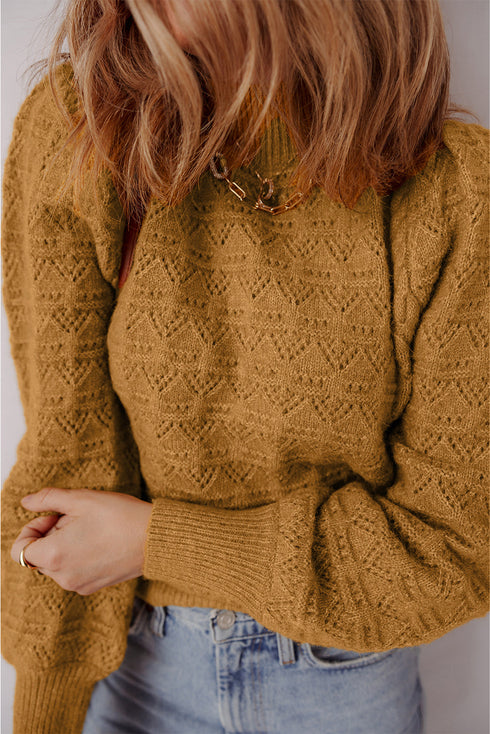 Textured Mock Neck Pointelle Puff Sleeve Sweater
