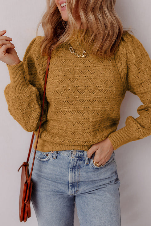 Textured Mock Neck Pointelle Puff Sleeve Sweater