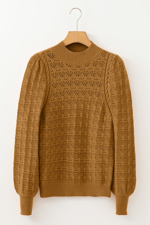 Textured Mock Neck Pointelle Puff Sleeve Sweater