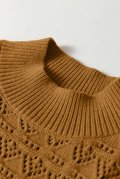 Textured Mock Neck Pointelle Puff Sleeve Sweater