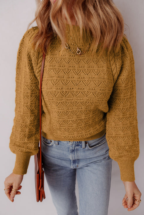 Textured Mock Neck Pointelle Puff Sleeve Sweater