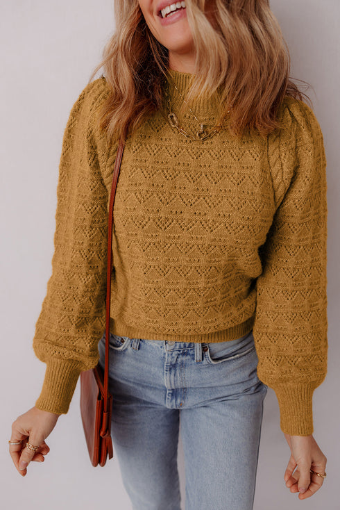 Textured Mock Neck Pointelle Puff Sleeve Sweater