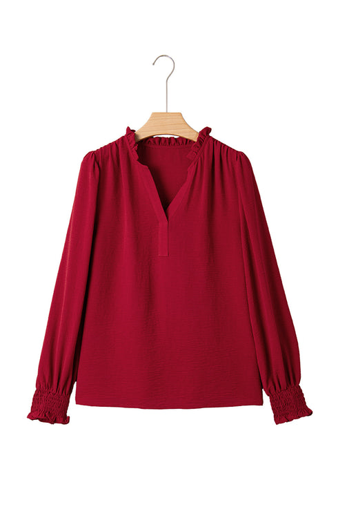 Textured Notched Neck Long Sleeve Shirred Cuff Blouse