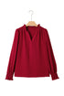 Textured Notched Neck Long Sleeve Shirred Cuff Blouse