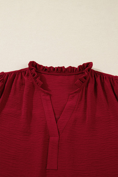 Textured Notched Neck Long Sleeve Shirred Cuff Blouse