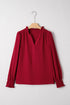 Textured Notched Neck Long Sleeve Shirred Cuff Blouse