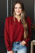 Textured Notched Neck Long Sleeve Shirred Cuff Blouse