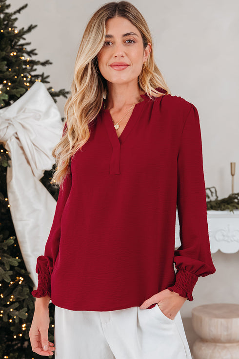 Textured Notched Neck Long Sleeve Shirred Cuff Blouse