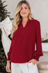 Textured Notched Neck Long Sleeve Shirred Cuff Blouse