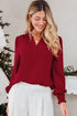 Textured Notched Neck Long Sleeve Shirred Cuff Blouse