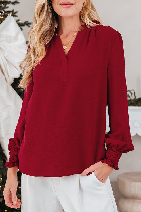 Textured Notched Neck Long Sleeve Shirred Cuff Blouse