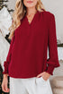 Textured Notched Neck Long Sleeve Shirred Cuff Blouse