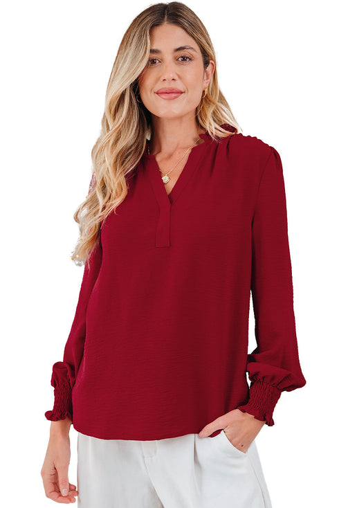 Textured Notched Neck Long Sleeve Shirred Cuff Blouse