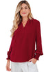 Textured Notched Neck Long Sleeve Shirred Cuff Blouse