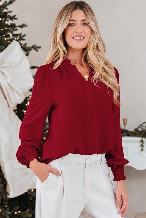 Textured Notched Neck Long Sleeve Shirred Cuff Blouse