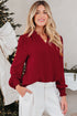 Textured Notched Neck Long Sleeve Shirred Cuff Blouse