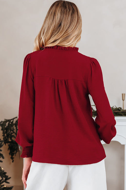 Textured Notched Neck Long Sleeve Shirred Cuff Blouse