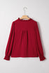 Textured Notched Neck Long Sleeve Shirred Cuff Blouse