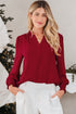 Textured Notched Neck Long Sleeve Shirred Cuff Blouse