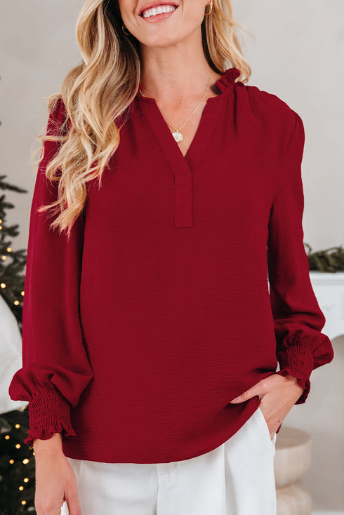 Textured Notched Neck Long Sleeve Shirred Cuff Blouse