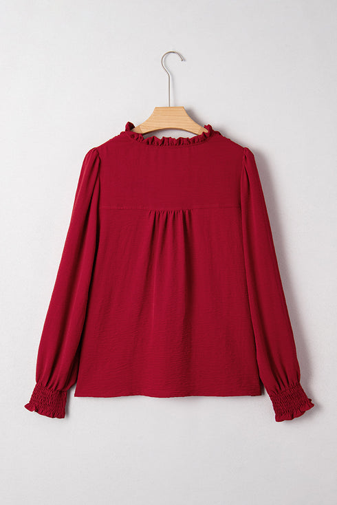 Textured Notched Neck Shirred Cuff Long Sleeve Blouse