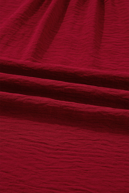 Textured Notched Neck Shirred Cuff Long Sleeve Blouse