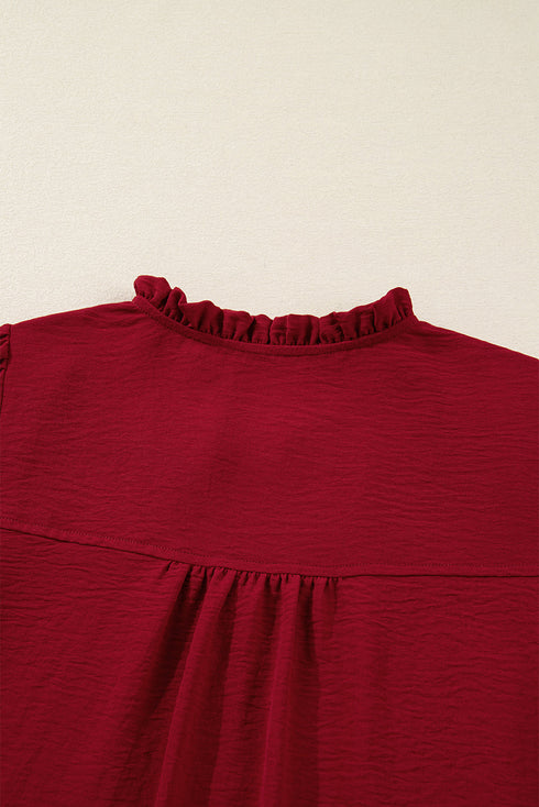 Textured Notched Neck Shirred Cuff Long Sleeve Blouse