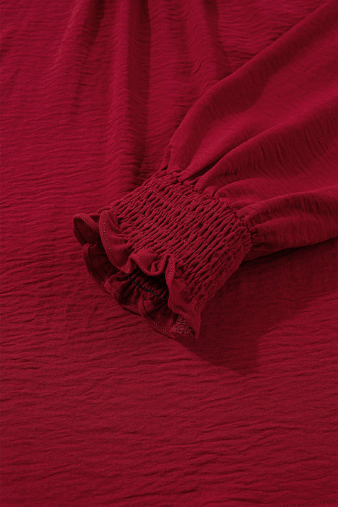 Textured Notched Neck Shirred Cuff Long Sleeve Blouse