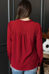 Textured Notched Neck Shirred Cuff Long Sleeve Blouse