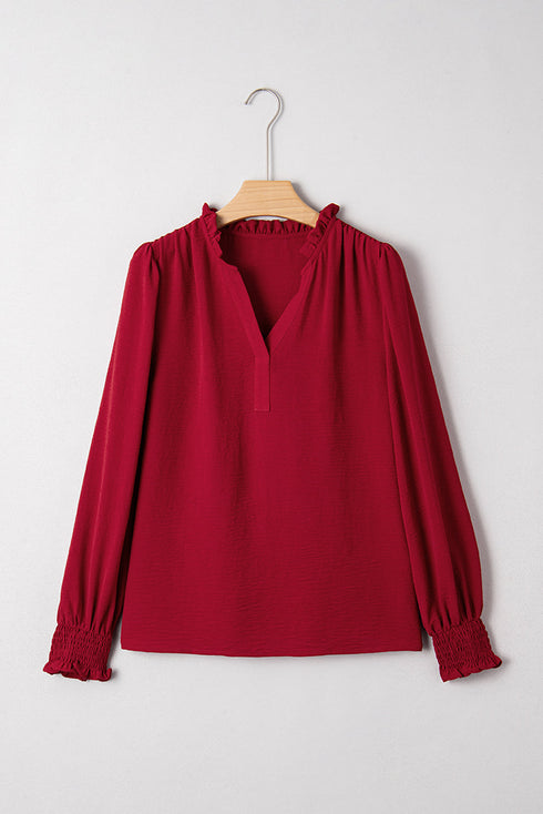 Textured Notched Neck Shirred Cuff Long Sleeve Blouse