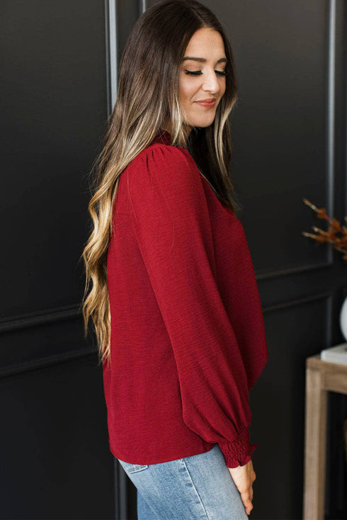Textured Notched Neck Shirred Cuff Long Sleeve Blouse