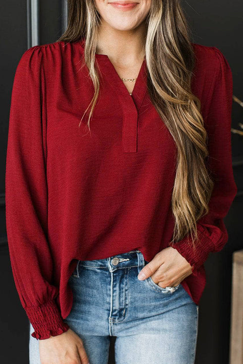 Textured Notched Neck Shirred Cuff Long Sleeve Blouse