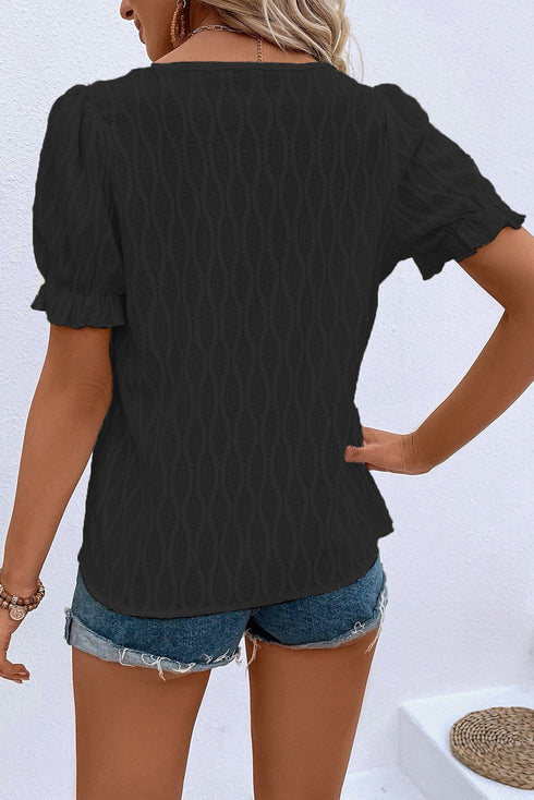 Textured Notched Neck Short Puff Sleeve Relaxed Blouse