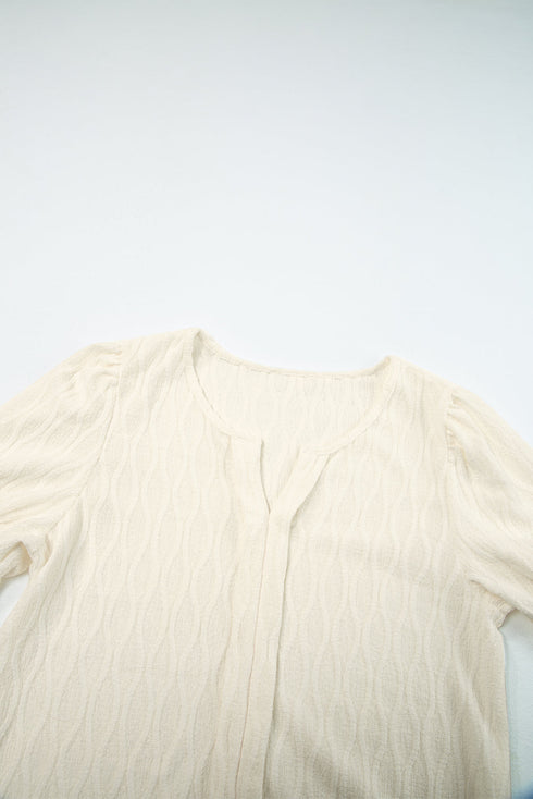 Textured Notched Neck Short Puff Sleeve Relaxed Blouse